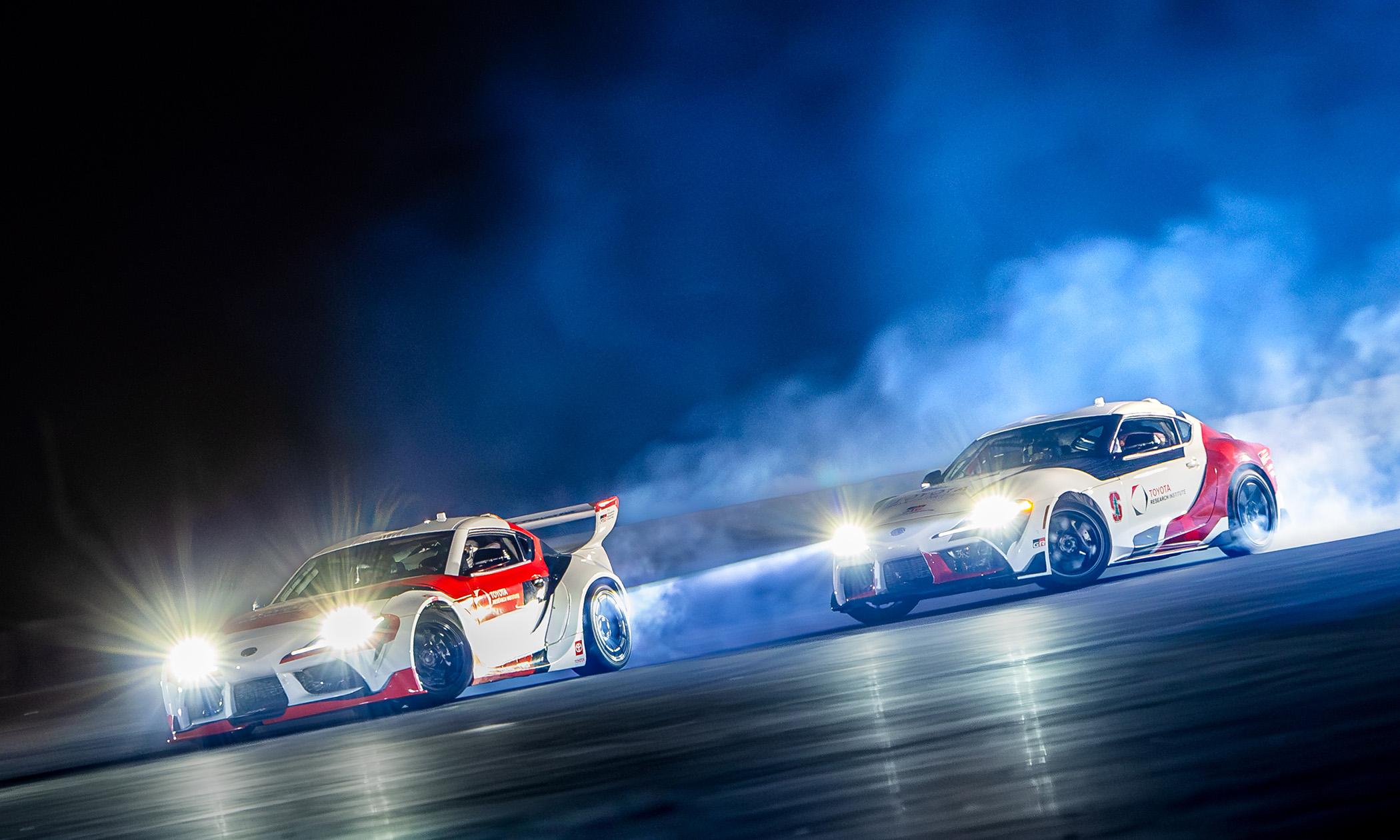 Toyota Supras autonomously drift in tandem at Thunderhill Raceway Park, CA.